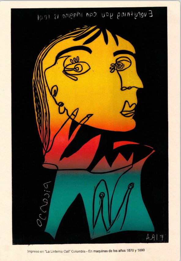 Artistic depiction of a stylized face with a gradient effect on a black background