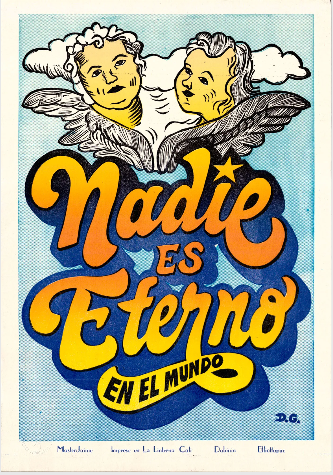 Vintage-style poster with stylized text and angelic figures on a blue background