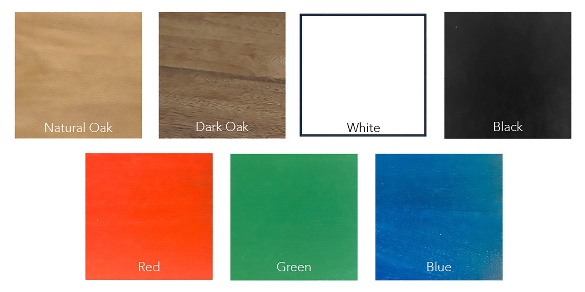 Swatch colors with names: Natural Oak; Dark Oak; White; Black; Red; Green; Blue.