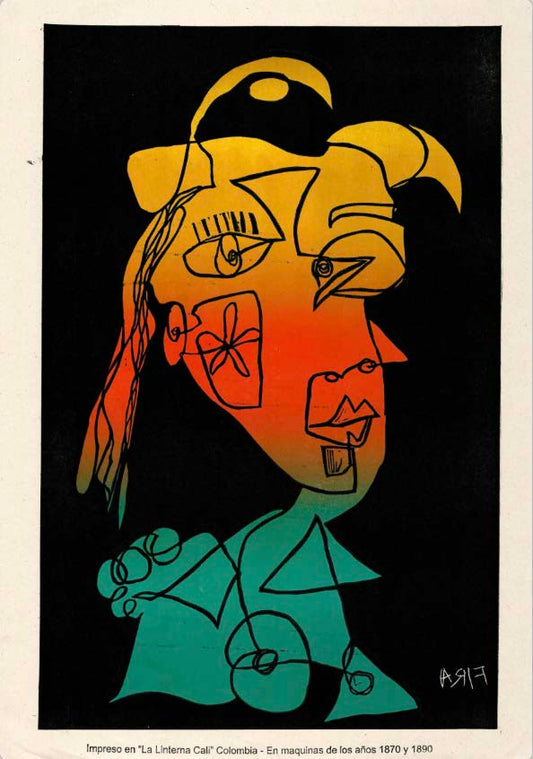 Abstract linocut artwork with a stylized face and colorful gradient on a black background