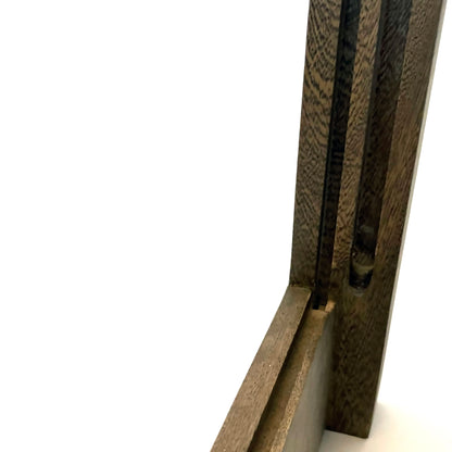 PicChair in dark oak; close up view of track where picture slides in.