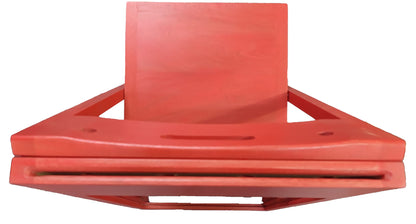 red PicChair seen from top. slot for picture to slide in as well as 2 holes and handle for holding chair to hang up and take down from Coatrack