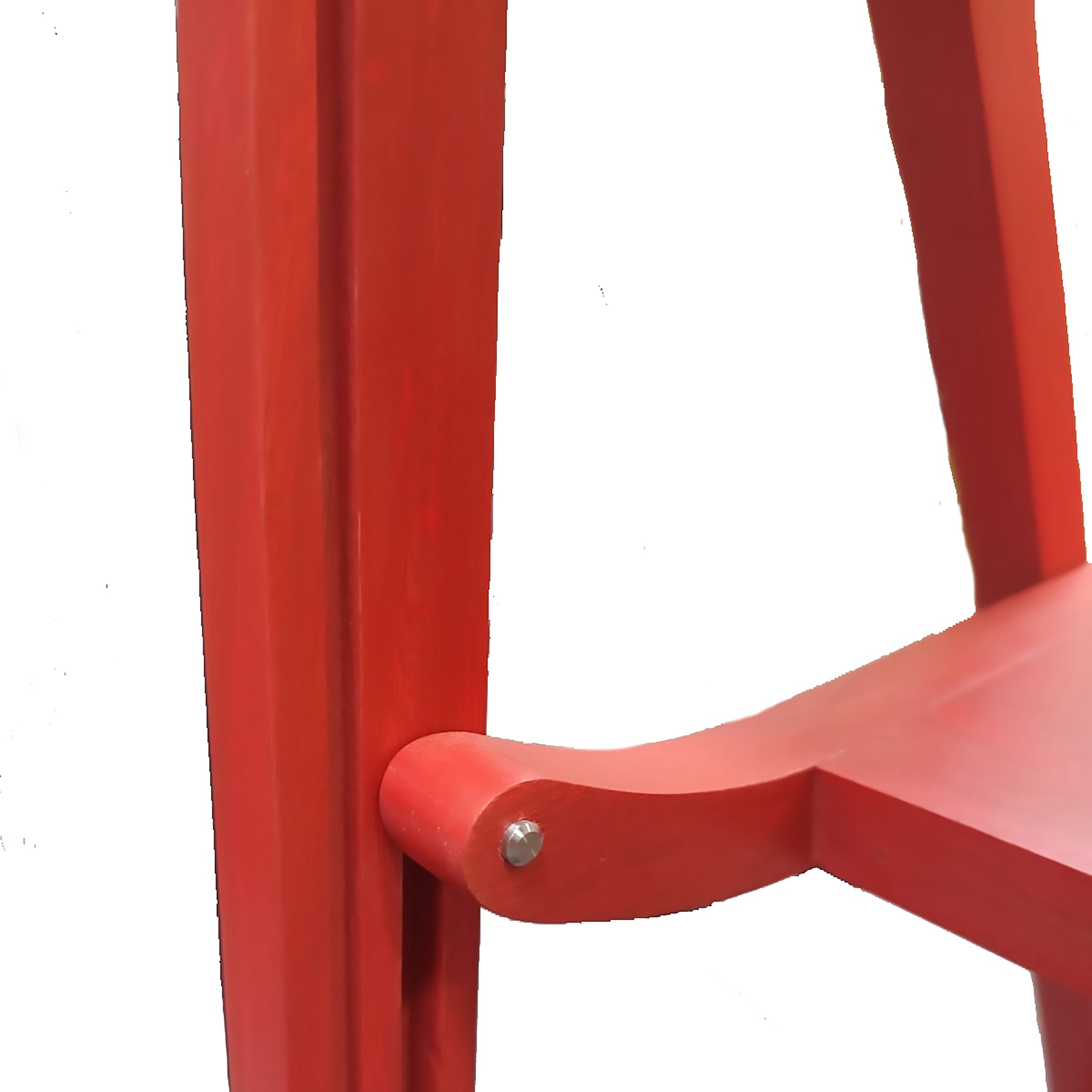 Red PicChair - showing track where picture and acrylic slide in as well as back of seat where it slides on a track when  folding the chair.