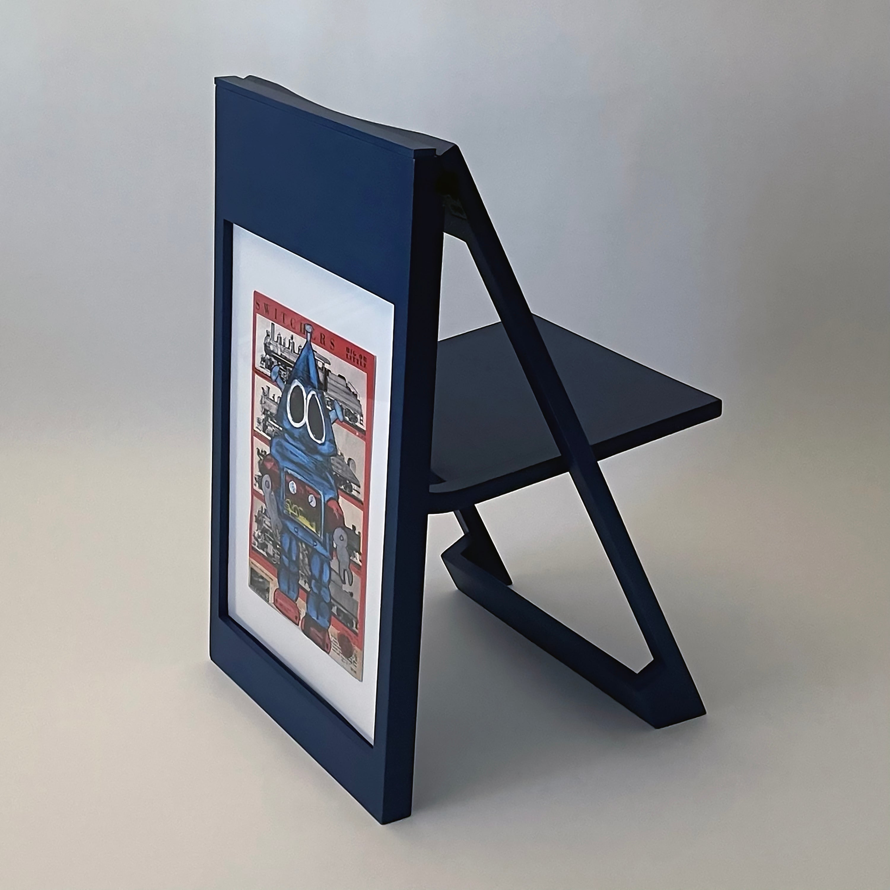 PicChair in Blue; poster on back of chair.