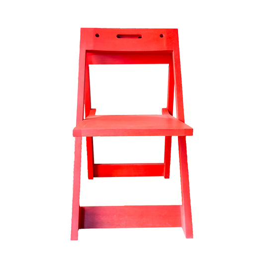 Red PicChair facing forward, you can see the holes where the chair fits onto the coat rack and and the handle for picking up the chair to hang and to open