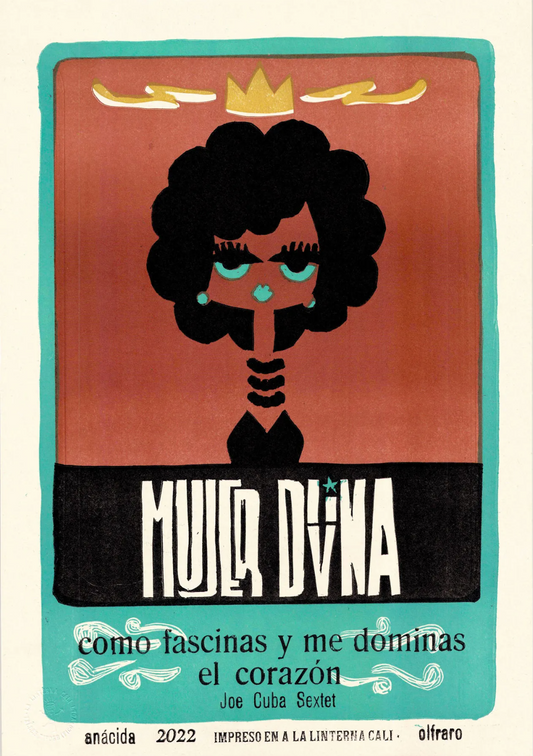 Vintage-style poster with a stylized illustration of a woman and text on a brown background