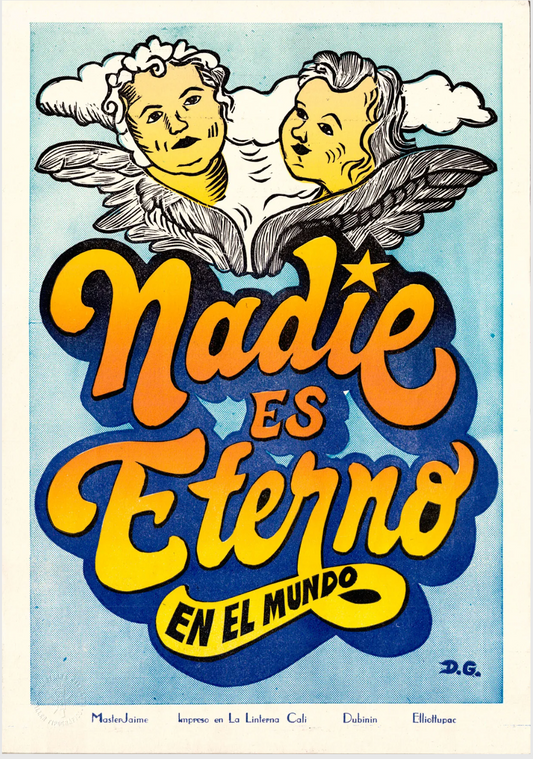 Vintage-style poster with stylized text and angelic figures on a blue background