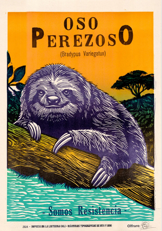 Illustration of a sloth on a branch with a natural background, featuring the text 'OSO PEREZOSO' and 'Somos Resistencia'.
