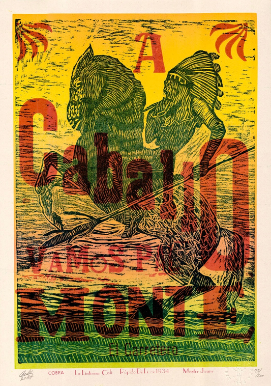 Vintage-style illustration of a Native American on horseback with text overlay on a yellow background