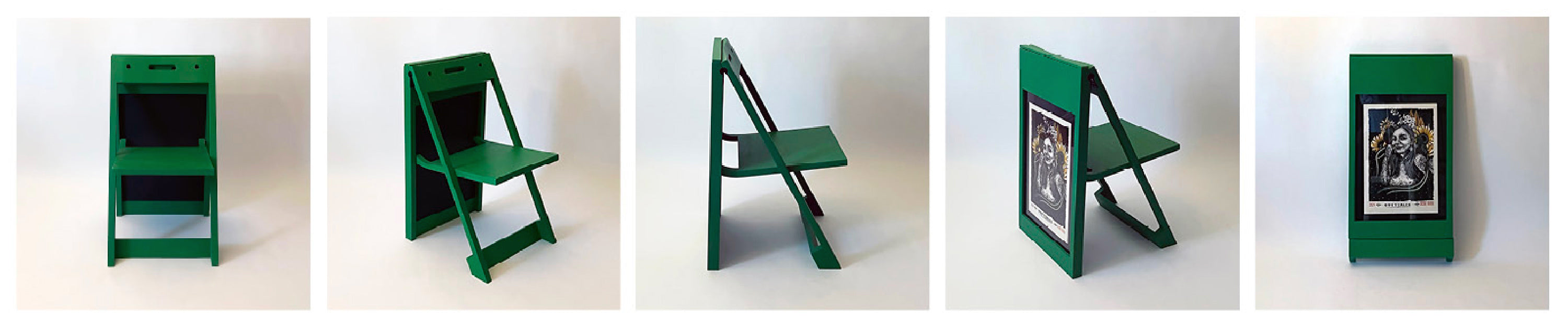 Load video: The picChair in action.  One coatrack, then a PicChair open on the floor.  next it folds up and leans against the wall.  finally it hangs on the wall on the coatrack and appears as a picture frame with art  displayed inside the frame.  more PicChairs are hanging on the wall.
